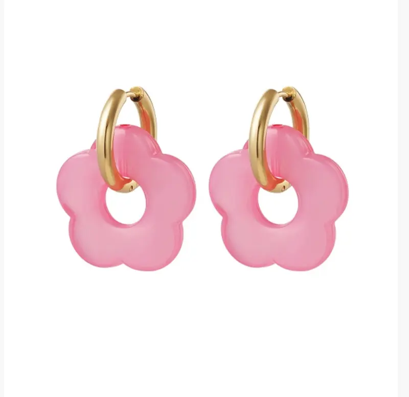 Creolen oorbel goudkleurig flower pink