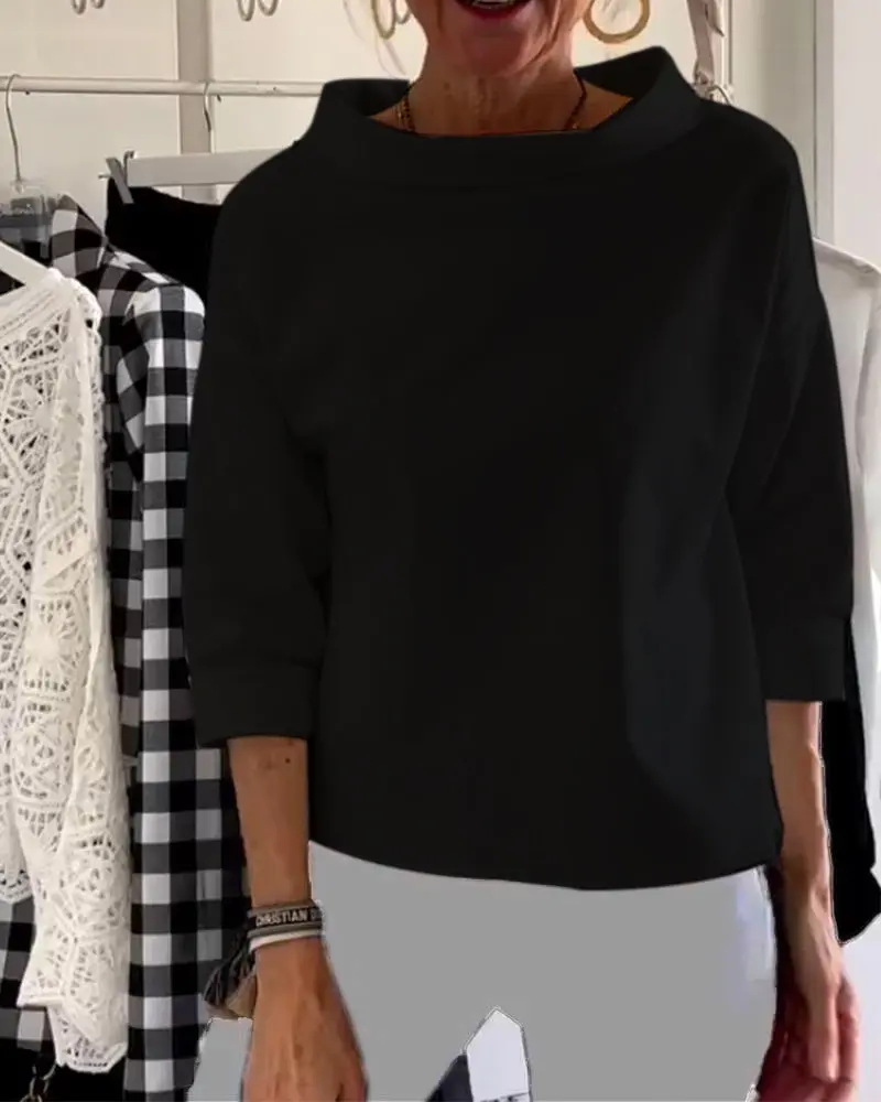 Damen Herbstbluse mit hohem Kragen und 3/4-Ärmeln – Mireille