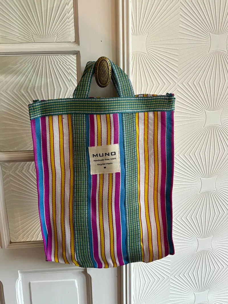 Draagtas - handgemaakt van gerecycled nylon - Blauw, Fuchsia & Geel