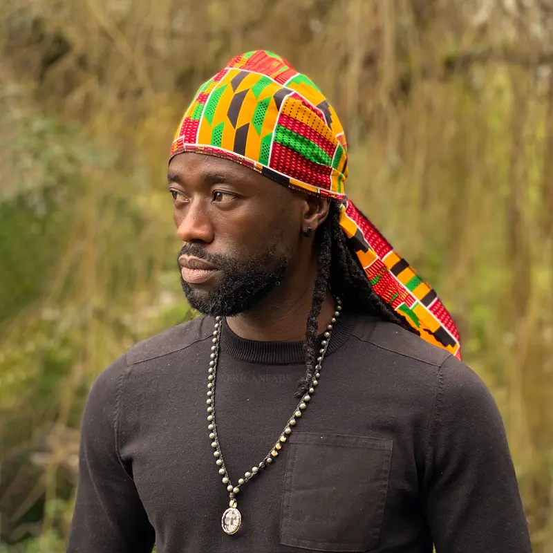 Durag / Du-rag / Do-rag / Bandana - Unisex - Orange / green Kente