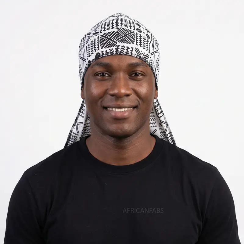 Durag / Du-rag / Do-rag / Bandana - Unisex - White and Black Bogolan