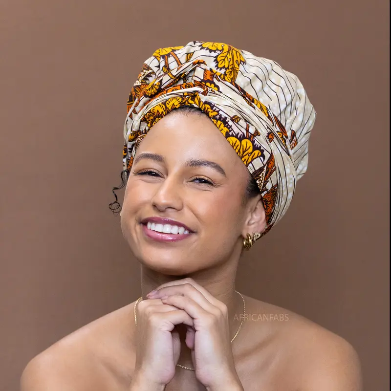 Easy headwrap - Satin lined hair bonnet -  Beige / yellow flower