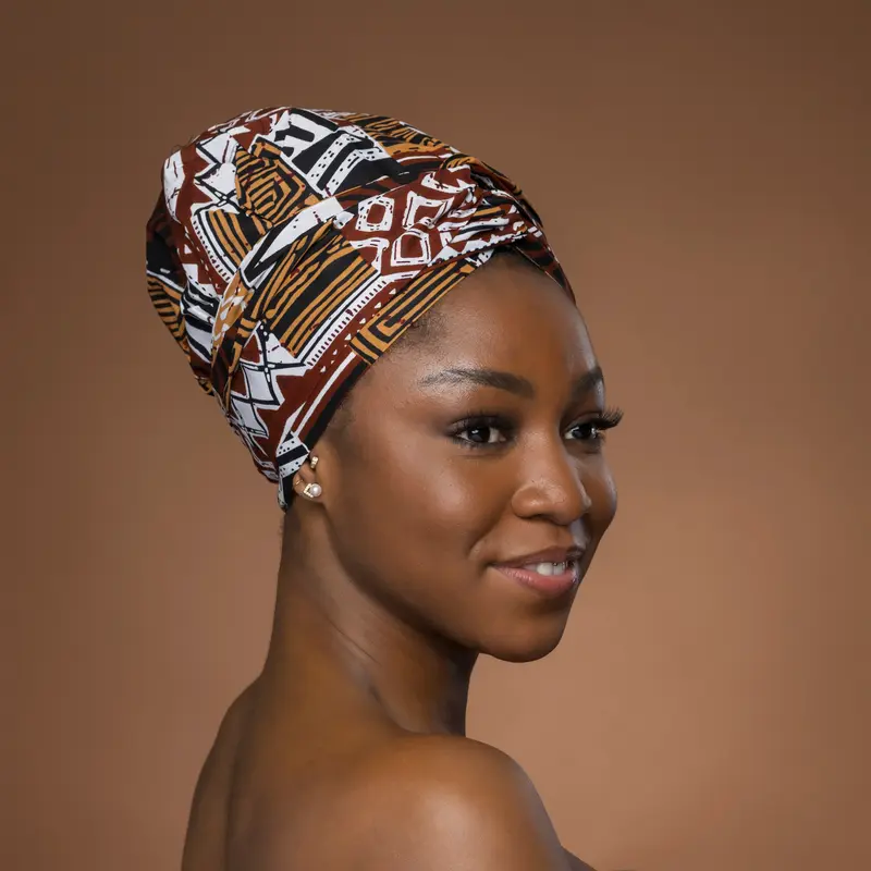 Easy headwrap - Satin lined hair bonnet - Brown Bogolan Mosaic
