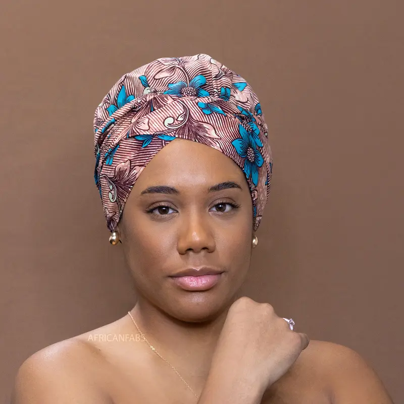 Easy headwrap - Satin lined hair bonnet -  Coral / blue flower