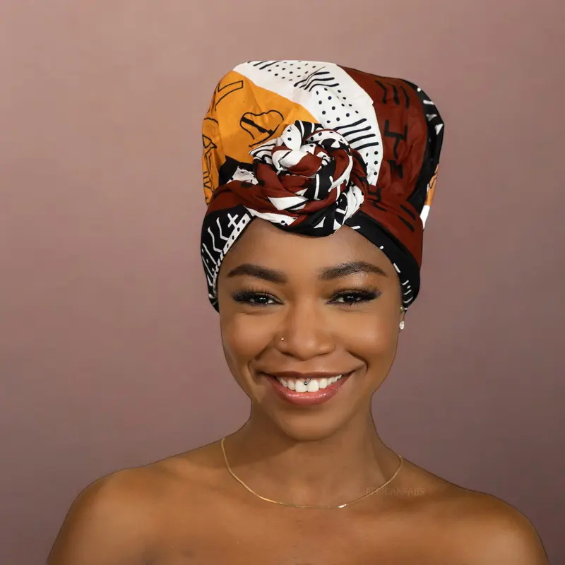 Easy headwrap - Satin lined hair bonnet - Dark Brown / Yellow Bogolan Symbols