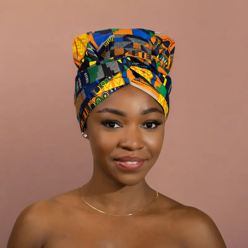 Easy headwrap - Satin lined hair bonnet - Kente Blue Yellow
