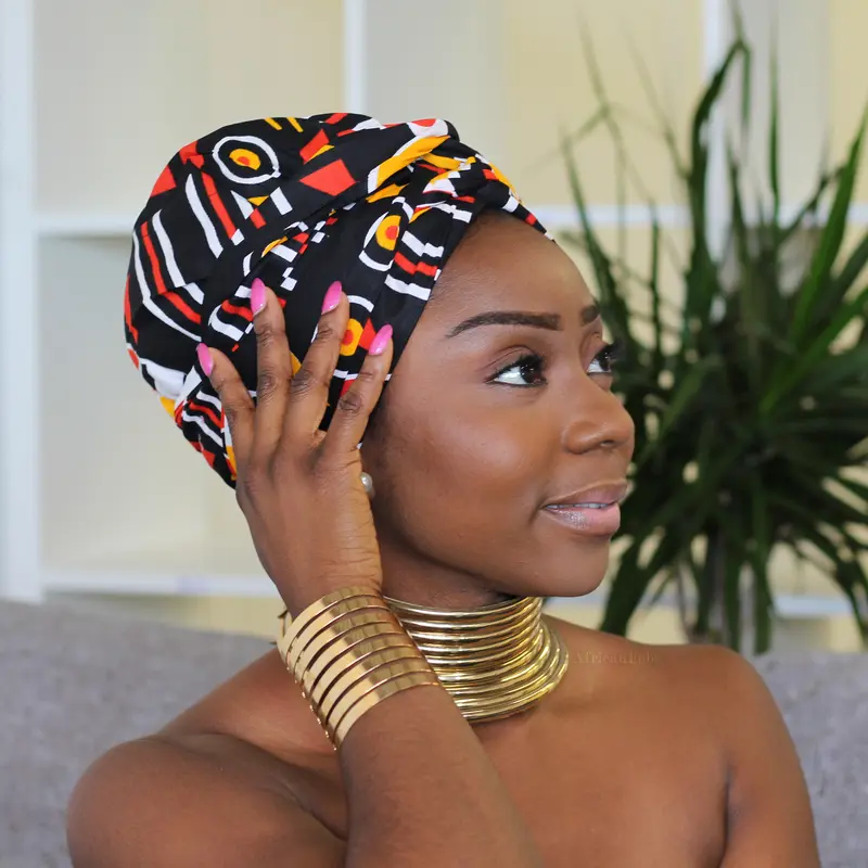 Easy headwrap - Satin lined hair bonnet - Orange / black Adaobi