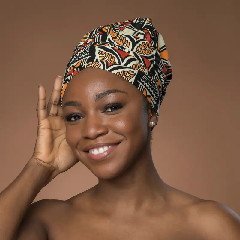 Easy headwrap - Satin lined hair bonnet -  Red & Orange Bogolan Symbols