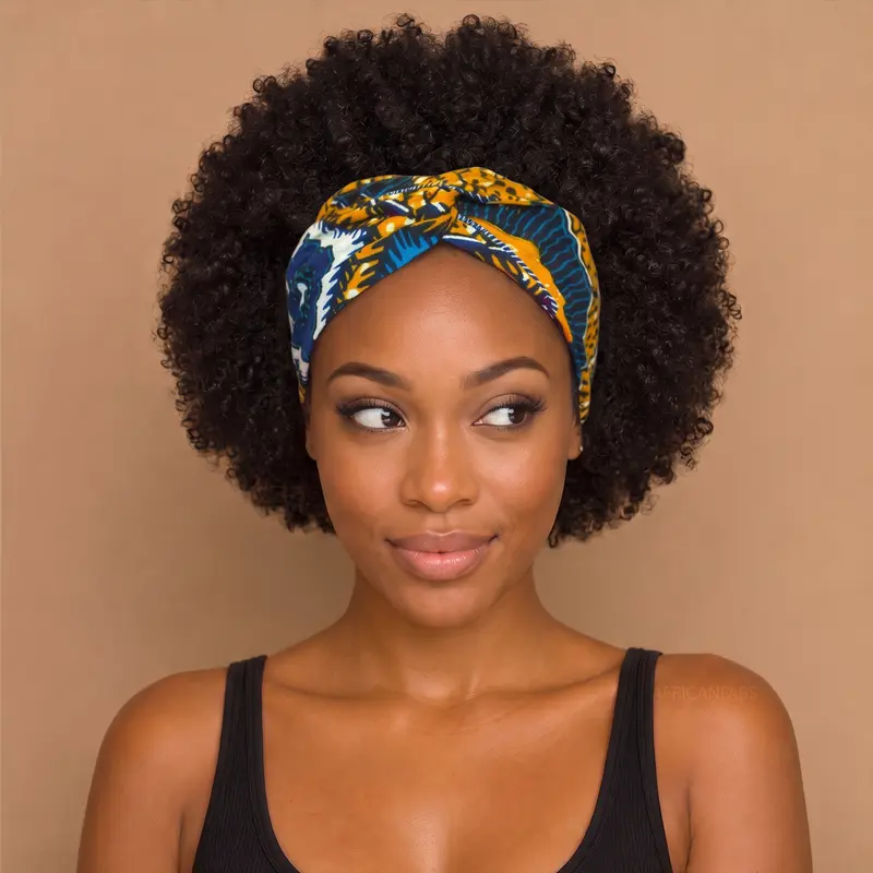 Flexible Metal Wire Headband - Mustard Blue African print cotton