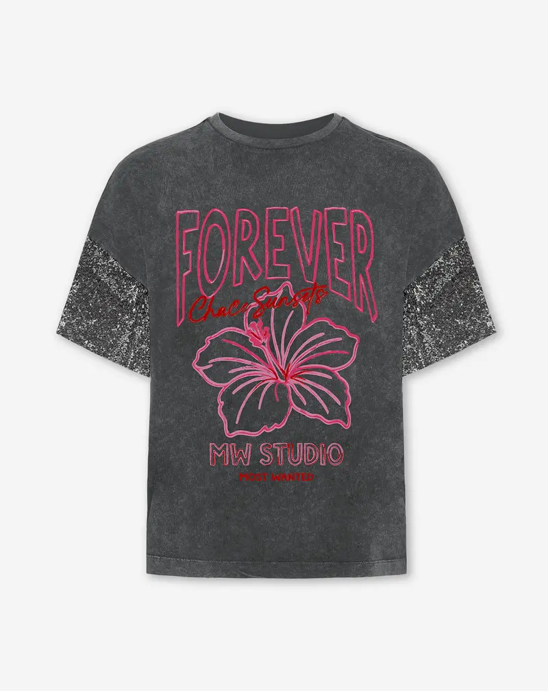 FOREVER SEQUIN SLEEVE OVERSIZED TEE ACID GRIJS