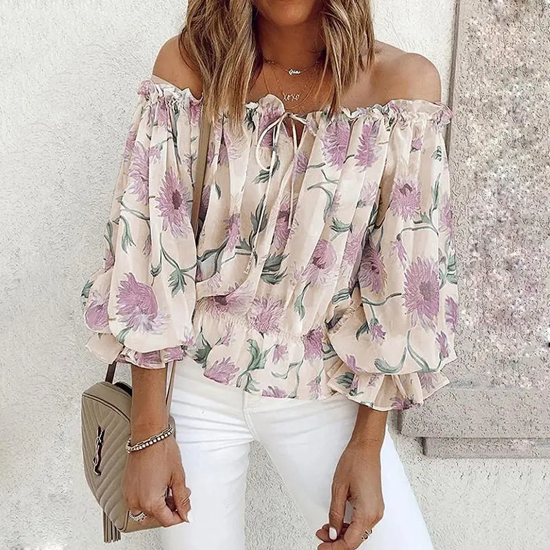 Geblümte Damen Chiffon-Bluse mit Rüschenärmeln – Herbstzauber Elvira