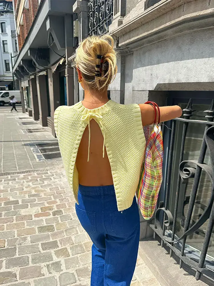Gelbe Damen-Strick-Top mit luftiger Strickstruktur – Eliza