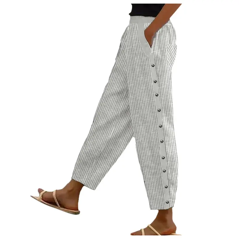Gestreifte High-Waist Damen Hose mit Zierknöpfen – Herbstzauber Florence