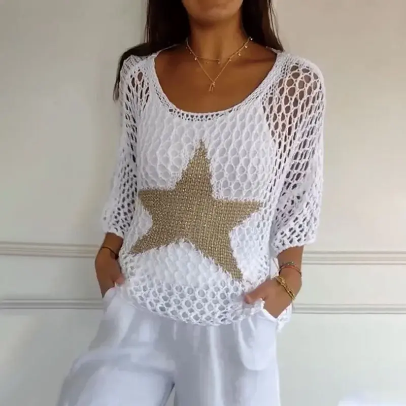 Gestricktes Netzshirt mit Rundhals & Häkelmuster – Noelle