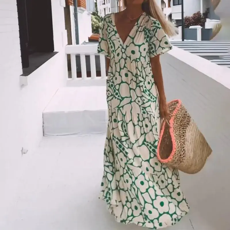 Grünes Maxikleid mit kurzen Ärmeln und Druck – Elisa