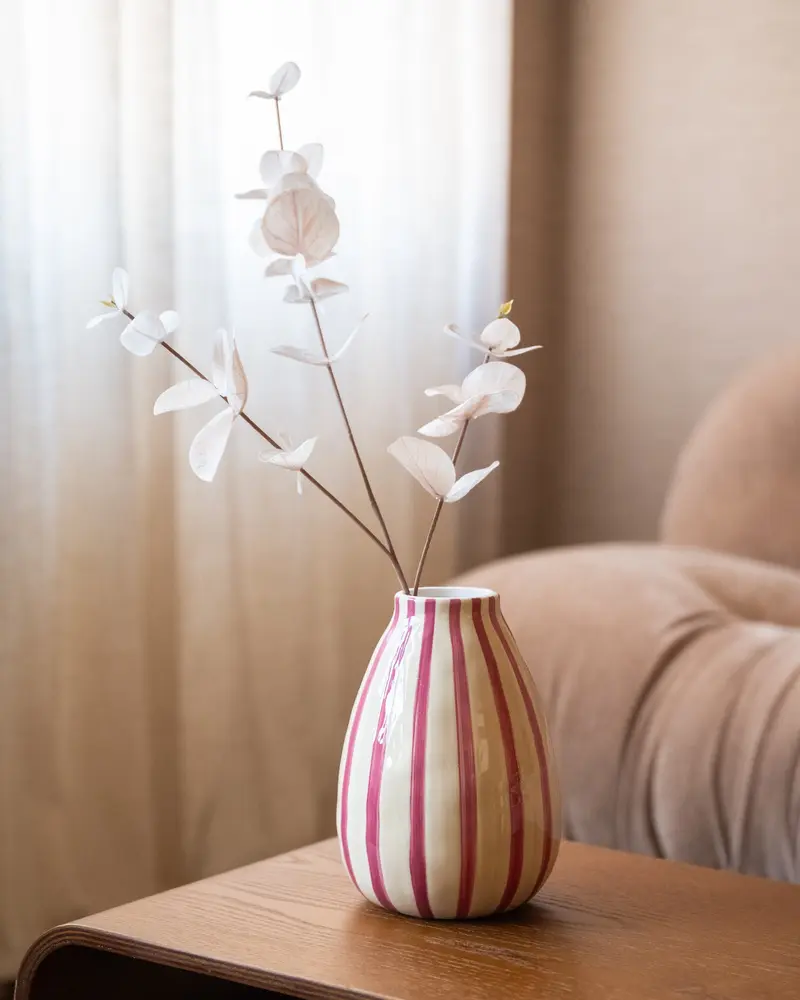 Handgeschilderde Vaas Stripe Beige/Roze