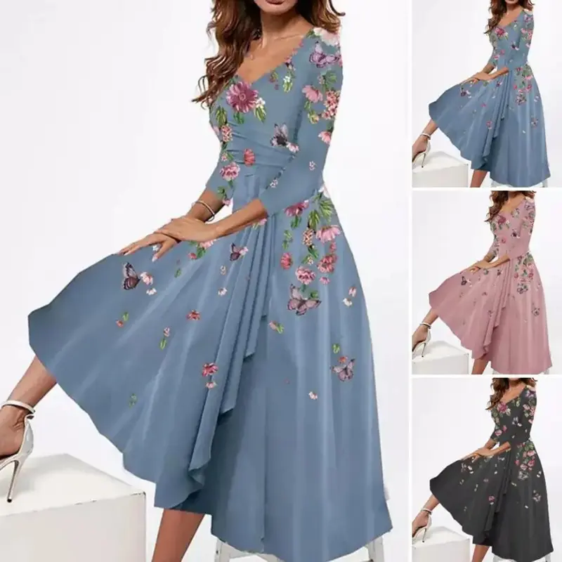 Herbstkleid mit floralen Mustern und V-Ausschnitt in Übergröße für Herbst 2025