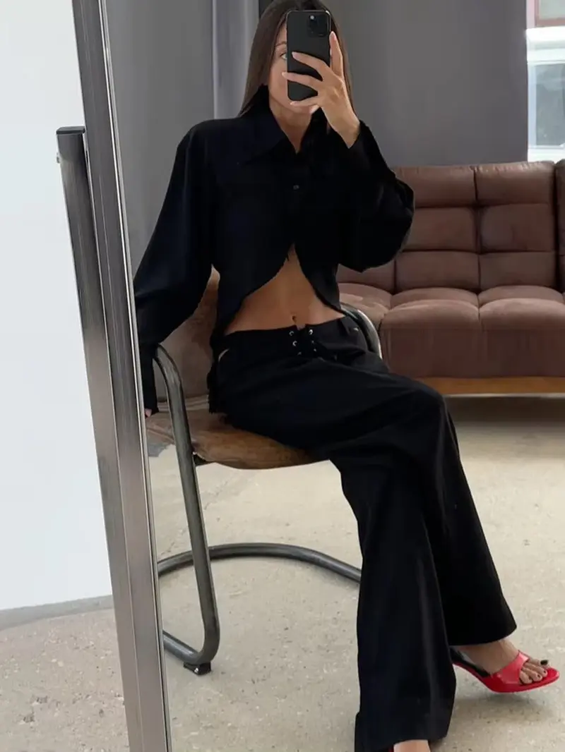 Herbstlich & Stilvoll Zweiteiler aus Leinen mit Langarmshirt und Hose Damen – Nayela