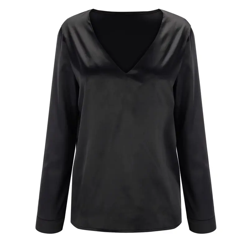 Herbstliche Satin Damenbluse mit tiefem V-Ausschnitt & langen Ärmeln – Daria
