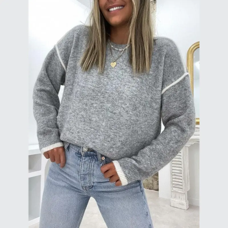 Herbstlicher Klassischer Grauer Damenpullover mit Rundhalsausschnitt - Noor