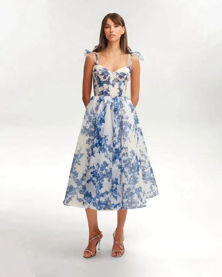 Herbstliches Blaues Blumenkleid - Luna