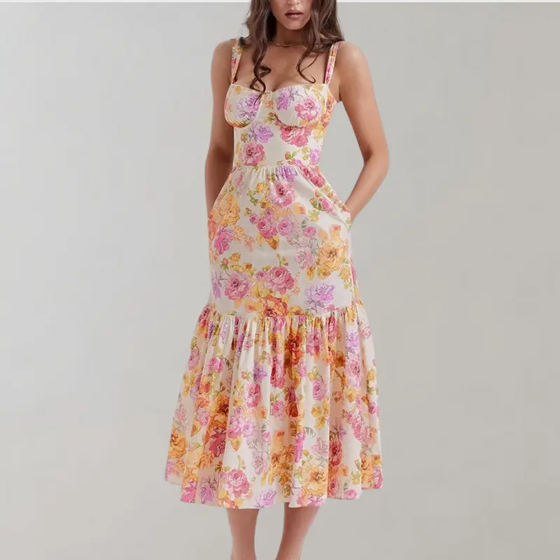 Herbstliches Blumenmuster Midi-Party Kleid – Mireille