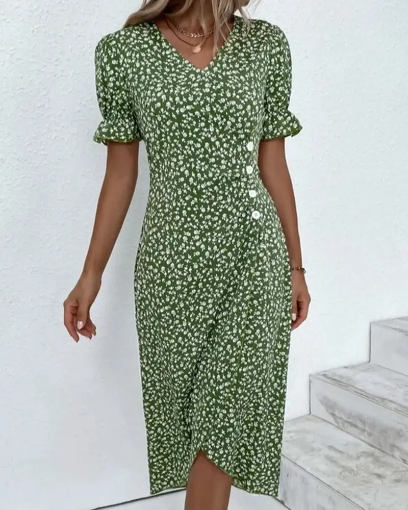 Herbstliches Knopfkleid mit V-Ausschnitt & Kurzarm – Luisa