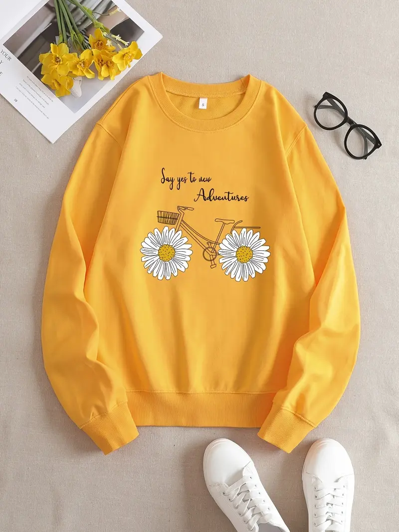 Herbstliches Lässiges Gelbes Sweatshirt mit Humoristischem Grafikprint - Elara