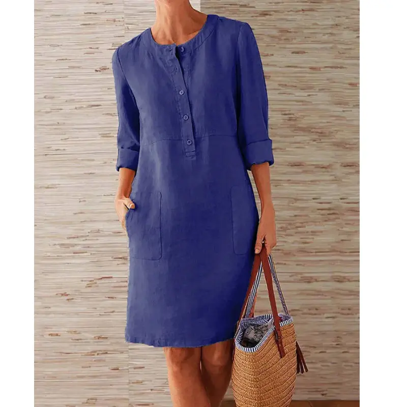 Herbstliches stilvolles Damen Freizeitkleid mit Taschen & Rundhalsausschnitt – Niva
