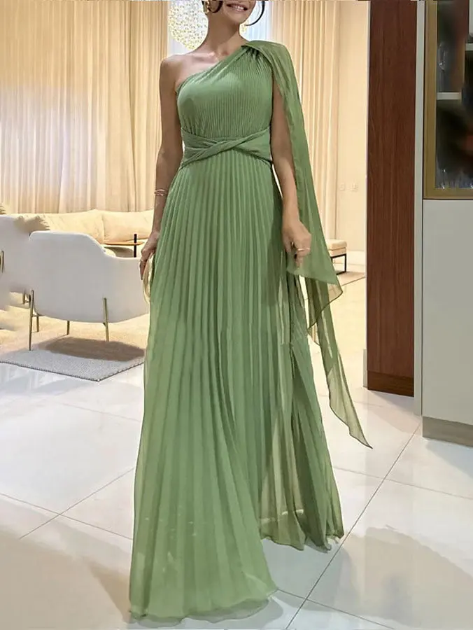 Herbstliches Trendy Ein-Schulter Maxikleid mit Plisseefalten – Mirella