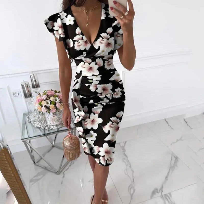 Herbstliches V-Ausschnitt-Kleid mit Plissee-Ärmeln - Maud