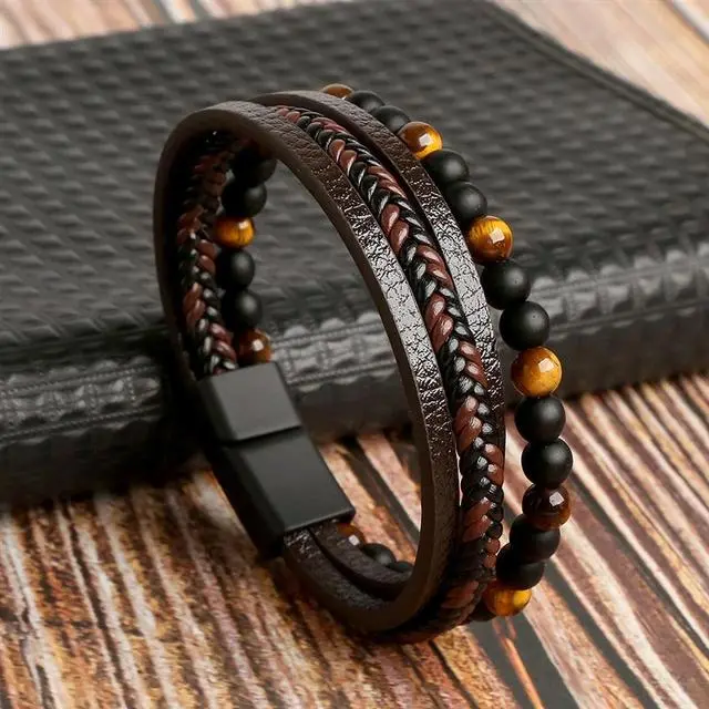 Hohe Qualität Leder Armband Männer Klassische Mode Tiger Eye Perlen Multi Layer Leder Armband Für Männer Schmuck Geschenk
