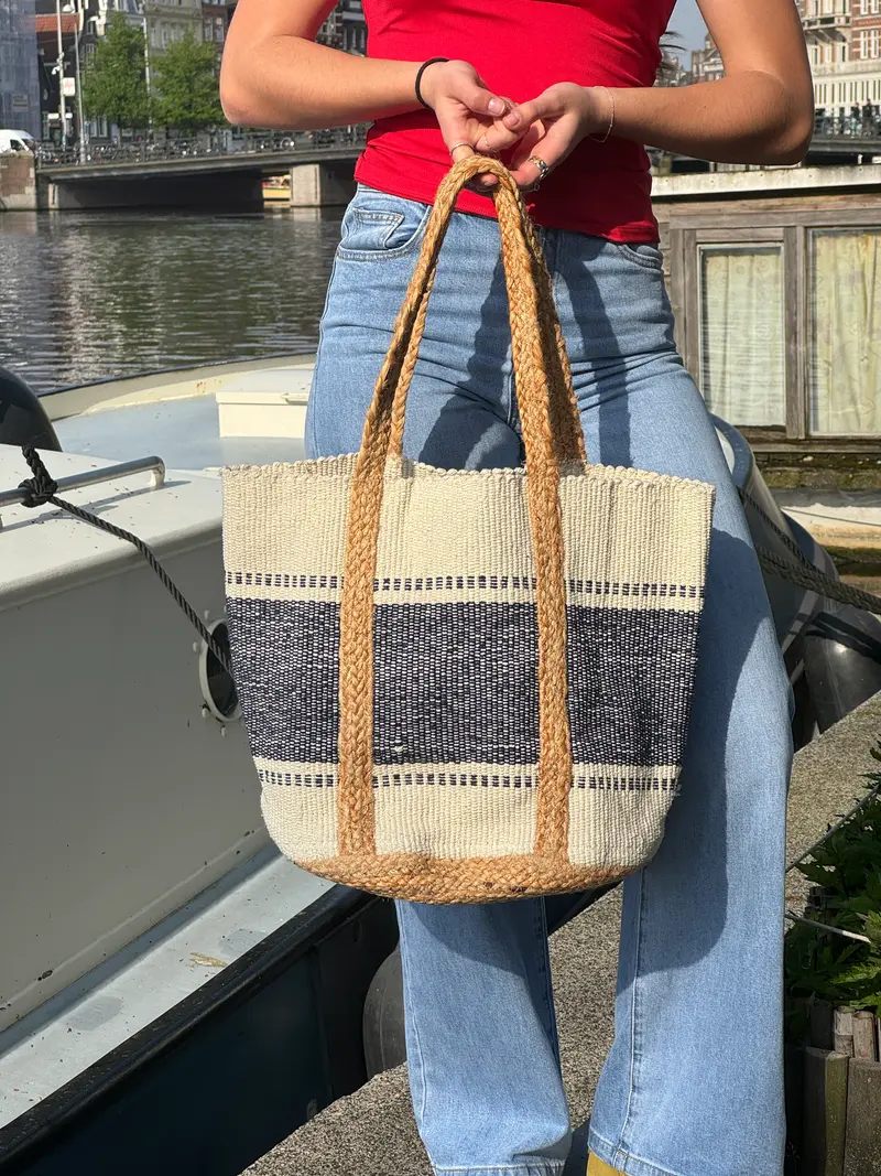 jute/katoen shopper beige met donkerblauw