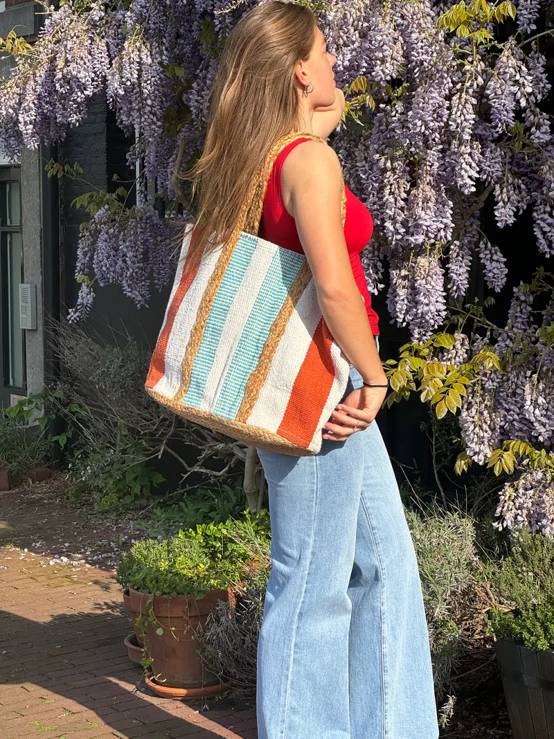 jute/katoen shopper off white met strepen