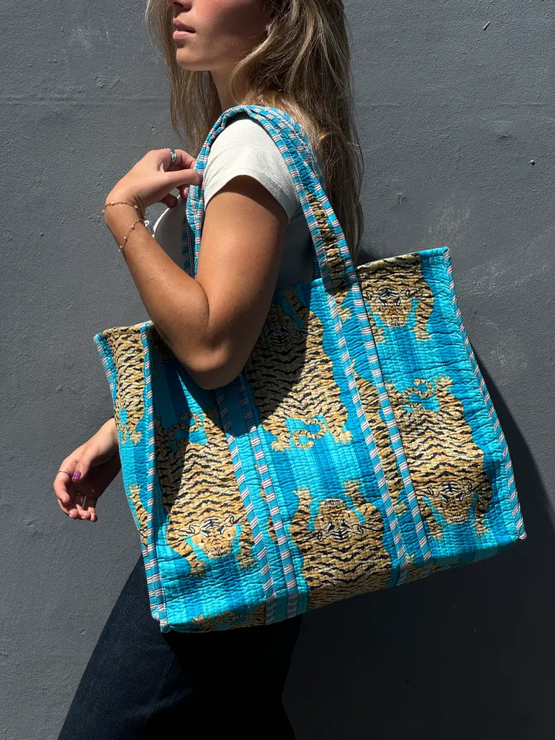 katoenen tas aqua met tijgerprint