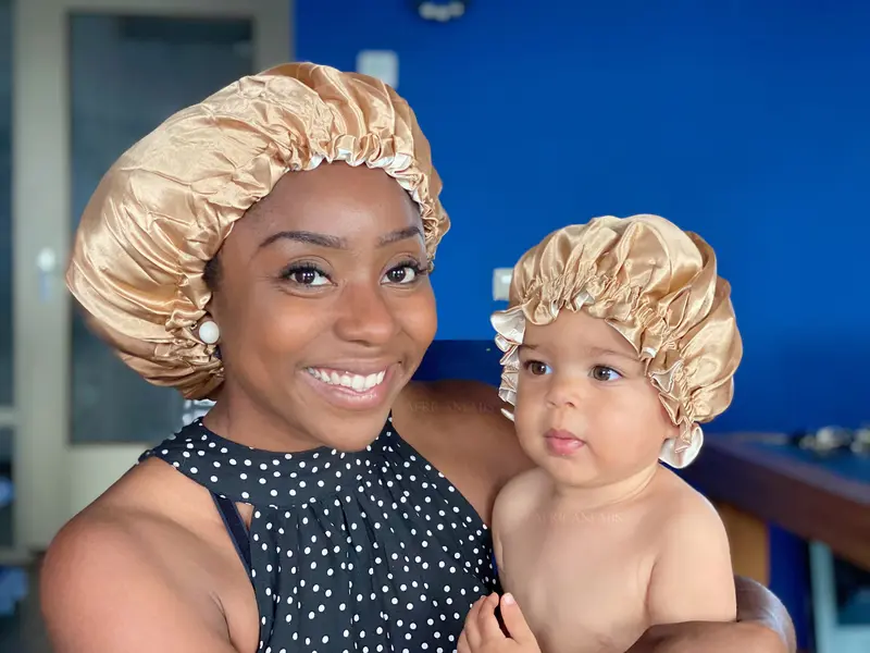 Khaki Satin Hair Bonnet (Mother+Daughter / Mommy & Me set) Kids Bonnet set (Reversable Satin Night sleep cap)