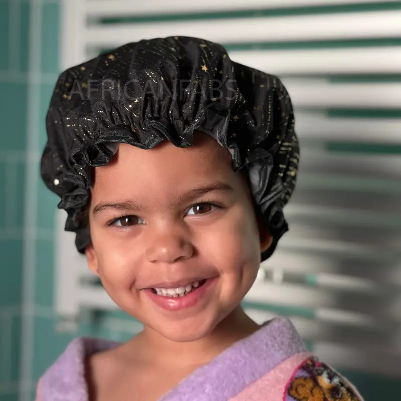 Kids shower cap / Shower cap for children / Black - Gold Stars