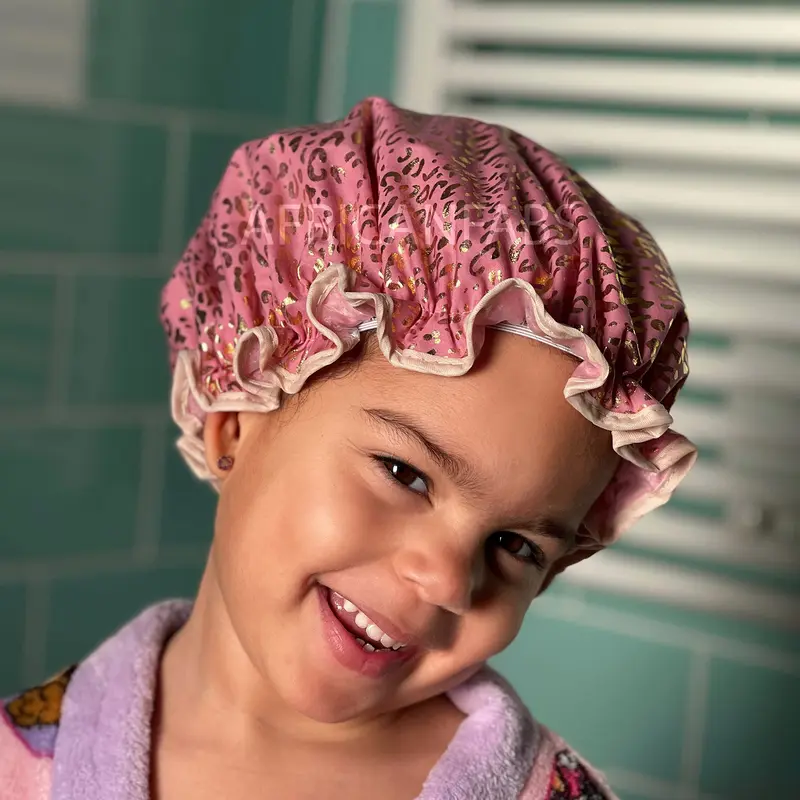 Kids shower cap / Shower cap for children / Pink - Gold Leopard