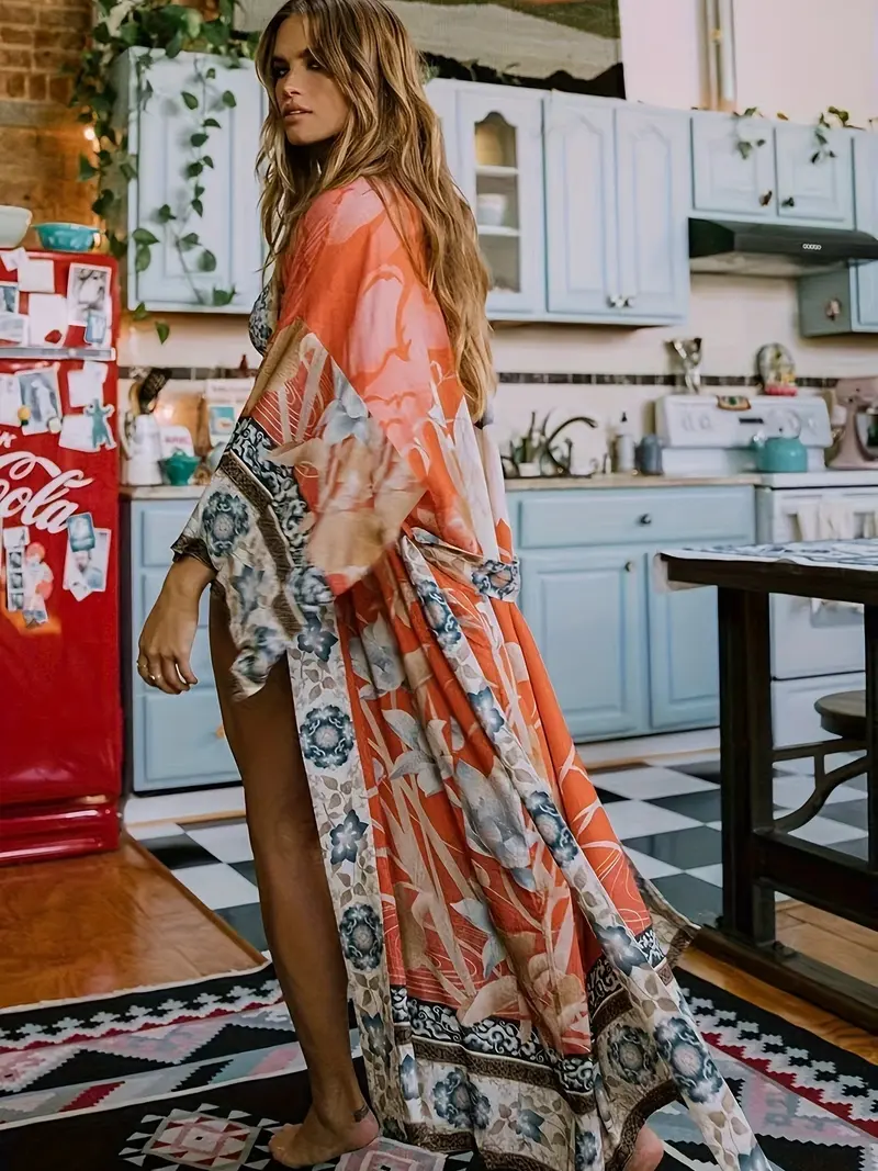 Kimono mit rotem Blumenprint - Isabella