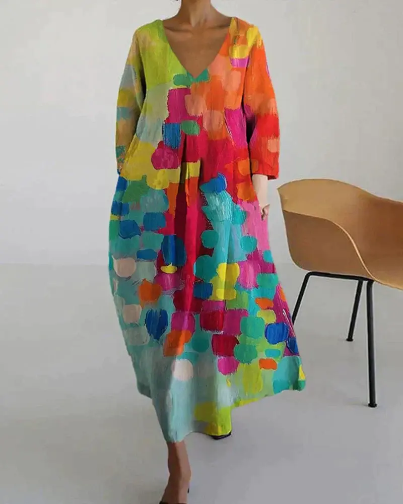 Kleid mit V-Ausschnitt und Herbstmotiv - Livia
