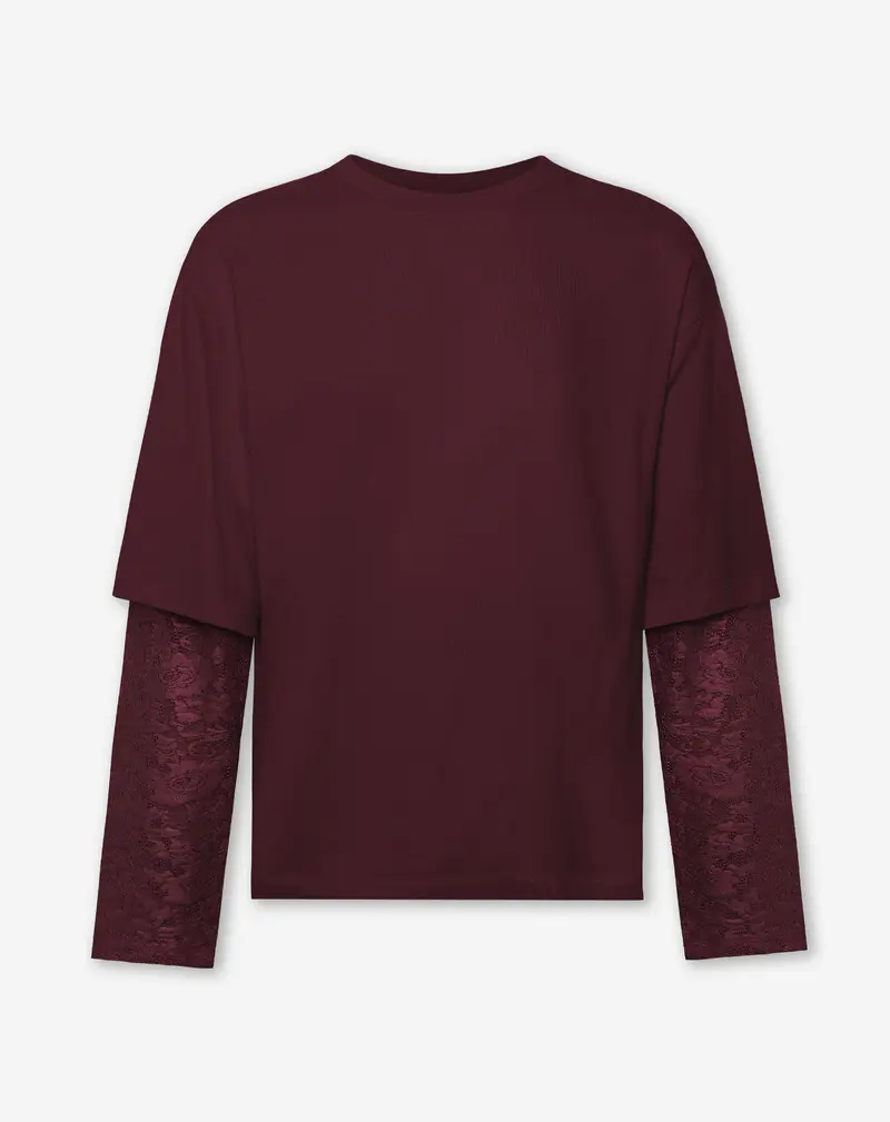 LACE LONG SLEEVE OVERSIZED TEE DONKER BURGUNDY