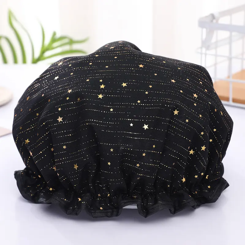LARGE Shower cap for full hair / curls - Black Gold Stars