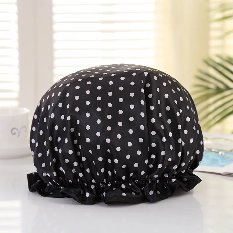 LARGE Shower cap for full hair / curls - Black polka dot