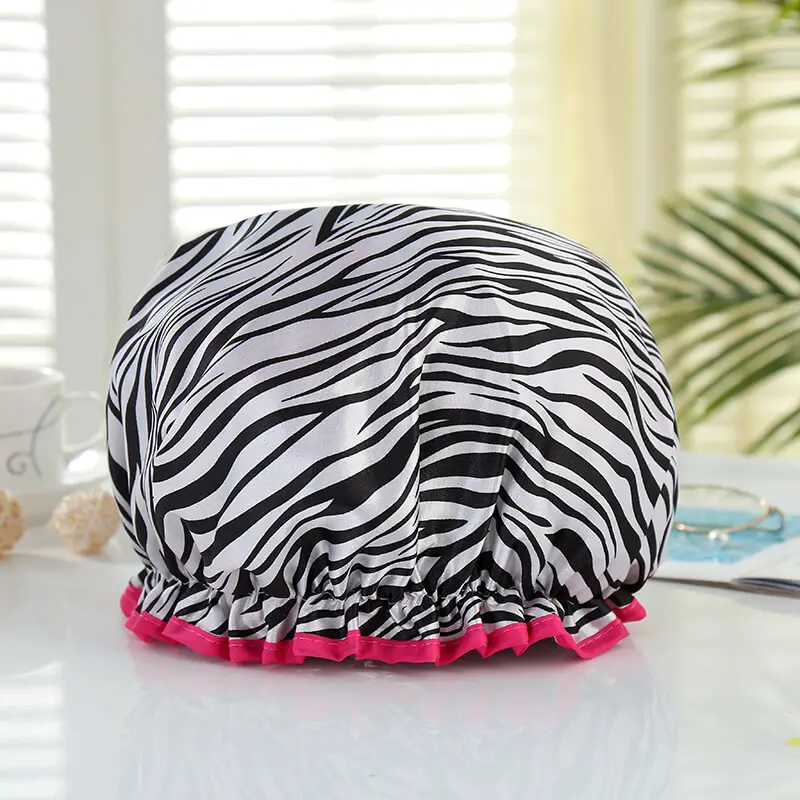 LARGE Shower cap for full hair / curls - White with zebra