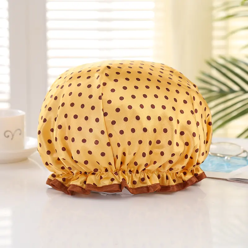 LARGE Shower cap for full hair / curls - Yellow polka dot