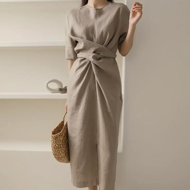 Leichtgewicht Khaki Herbstkleid mit verstellbarem Bund – Isalie