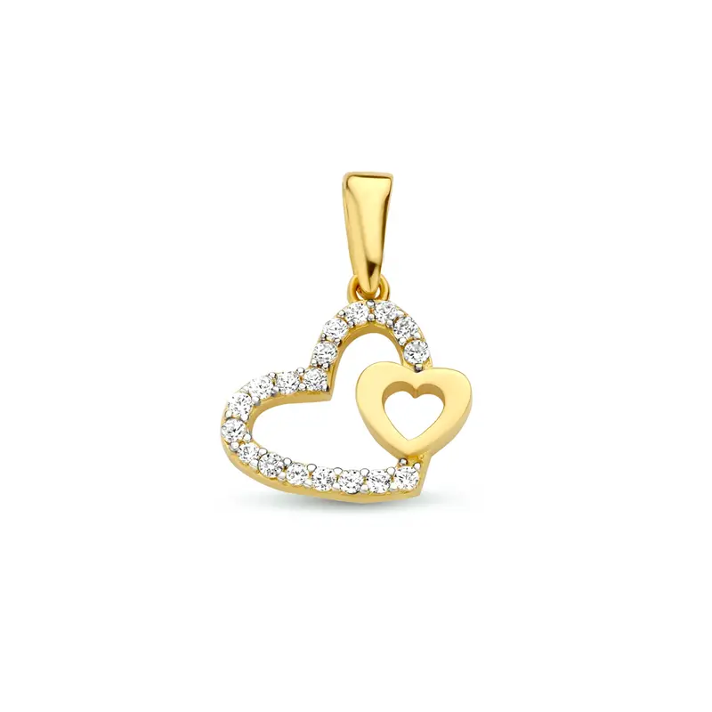 'Lina' 14 karaat geelgouden hanger dubbel hart zirkonia