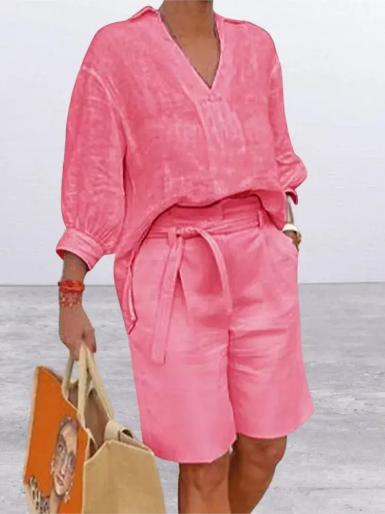 Luftig & Stylisch Zweiteiler aus Leinen mit Bluse & Shorts Damen – Malea