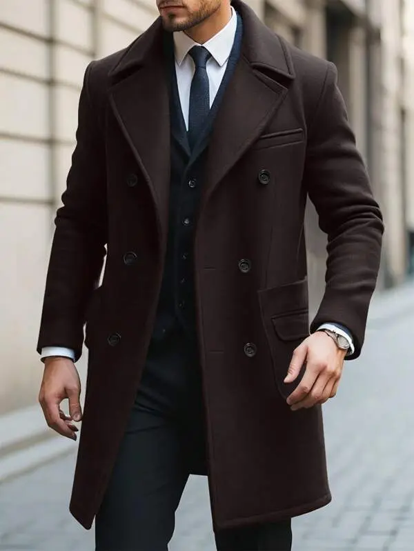 Luxuriöser Langer Brauner Wintermantel für Herren – Alden