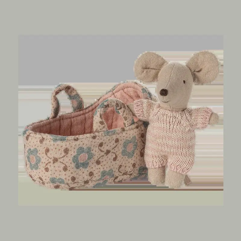 Maileg baby mouse in carry cot rose